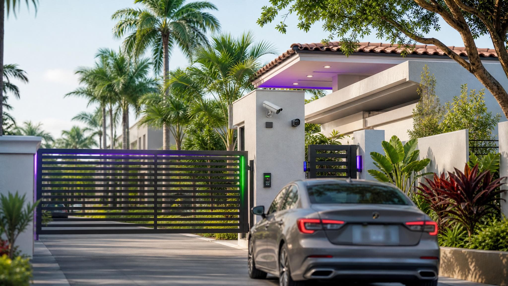 Entrada moderna con cámara AI para control de acceso vehicular